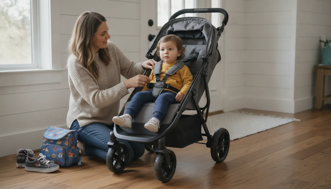 Parent checking the harness and foot space in a stroller wagon