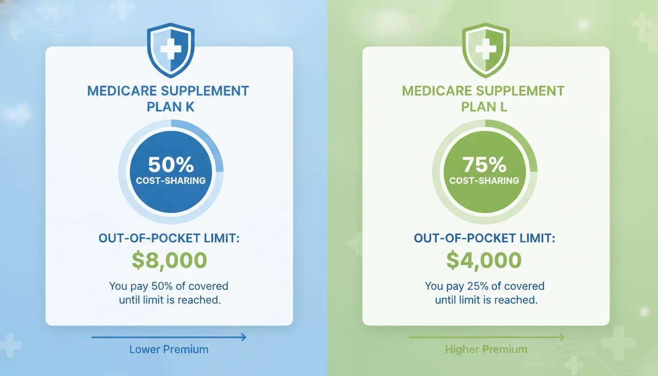 Comparison graphic showing Medicare Supplement Plan K vs Plan L cost-sharing percentages, out-of-pocket limits, and key differences
