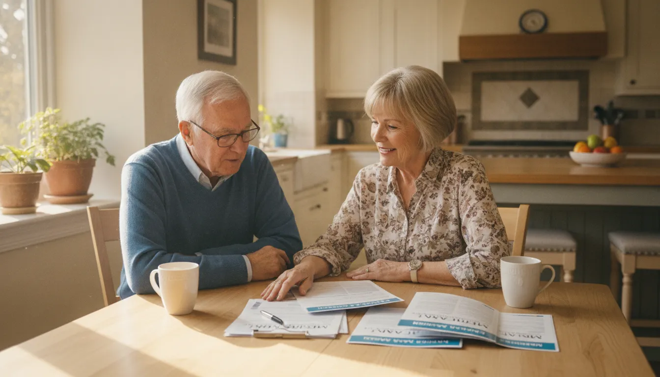 Senior couple reviewing Medicare plan documents with an insurance advisor at a kitchen table
