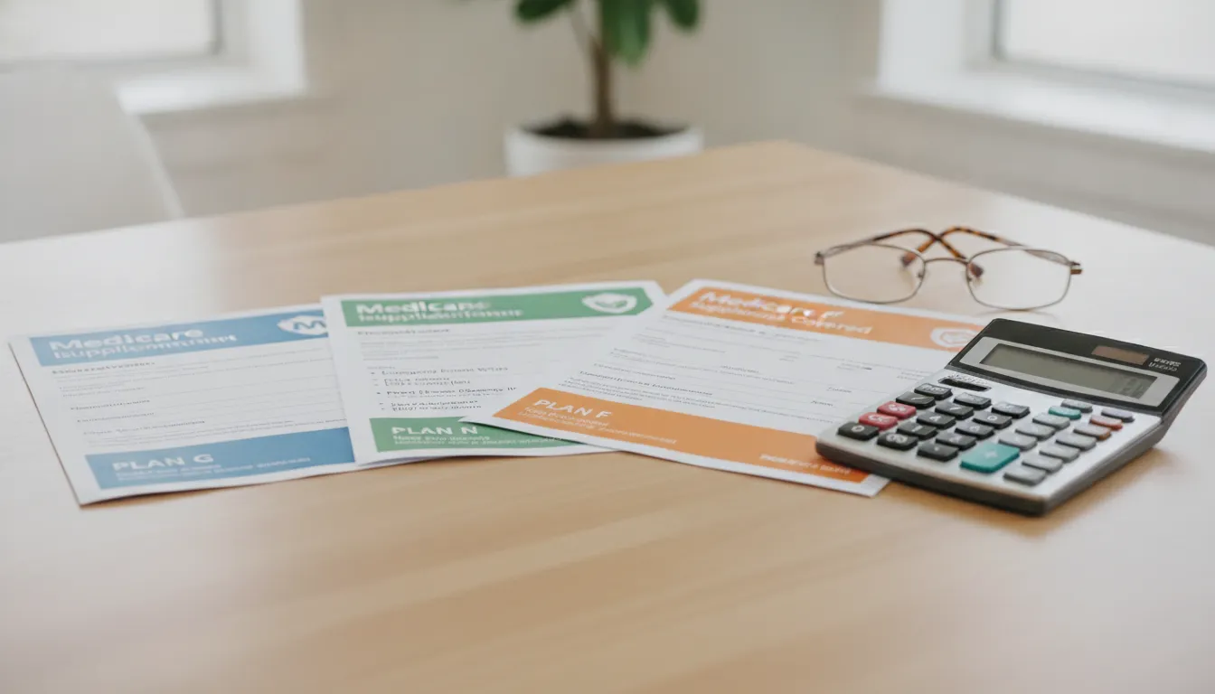 Comparison of Medicare Supplement plan documents on a desk with a calculator and reading glasses