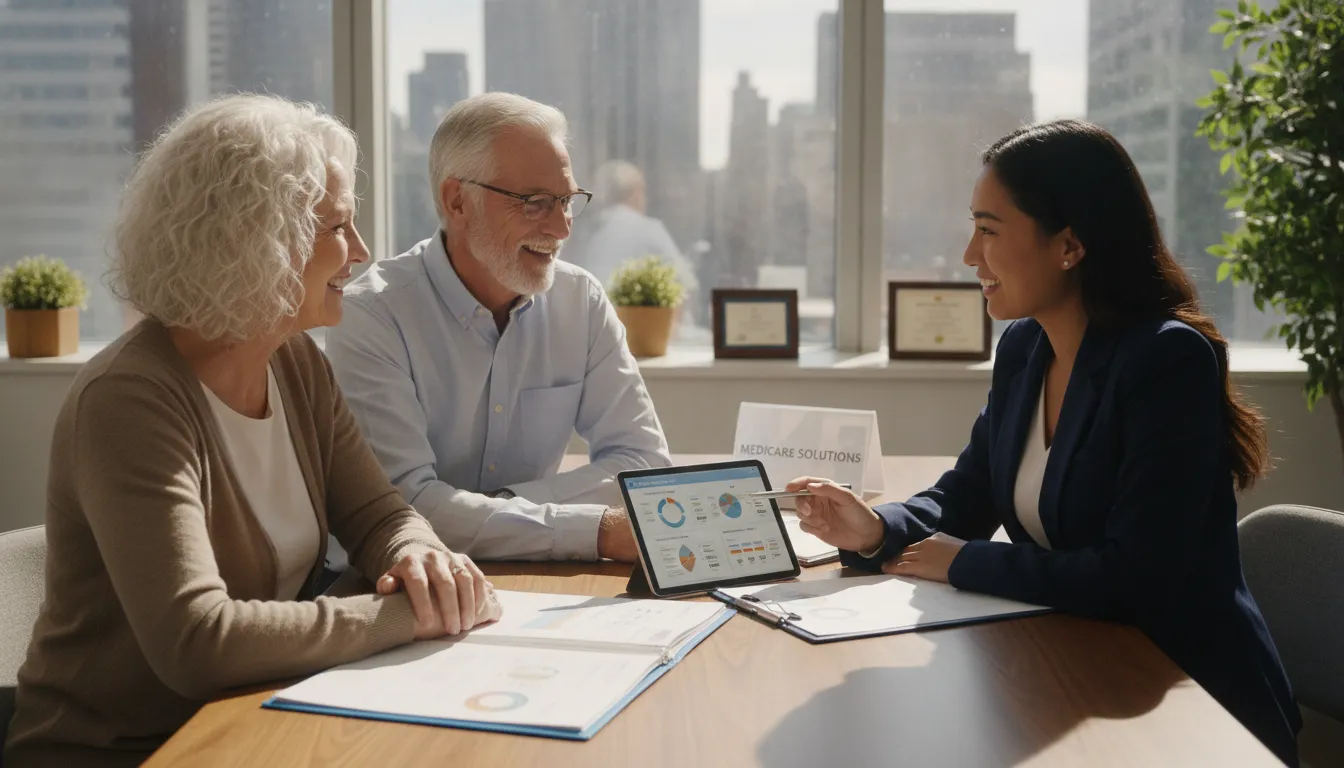 Senior couple meeting with a Medicare insurance broker to review plan options