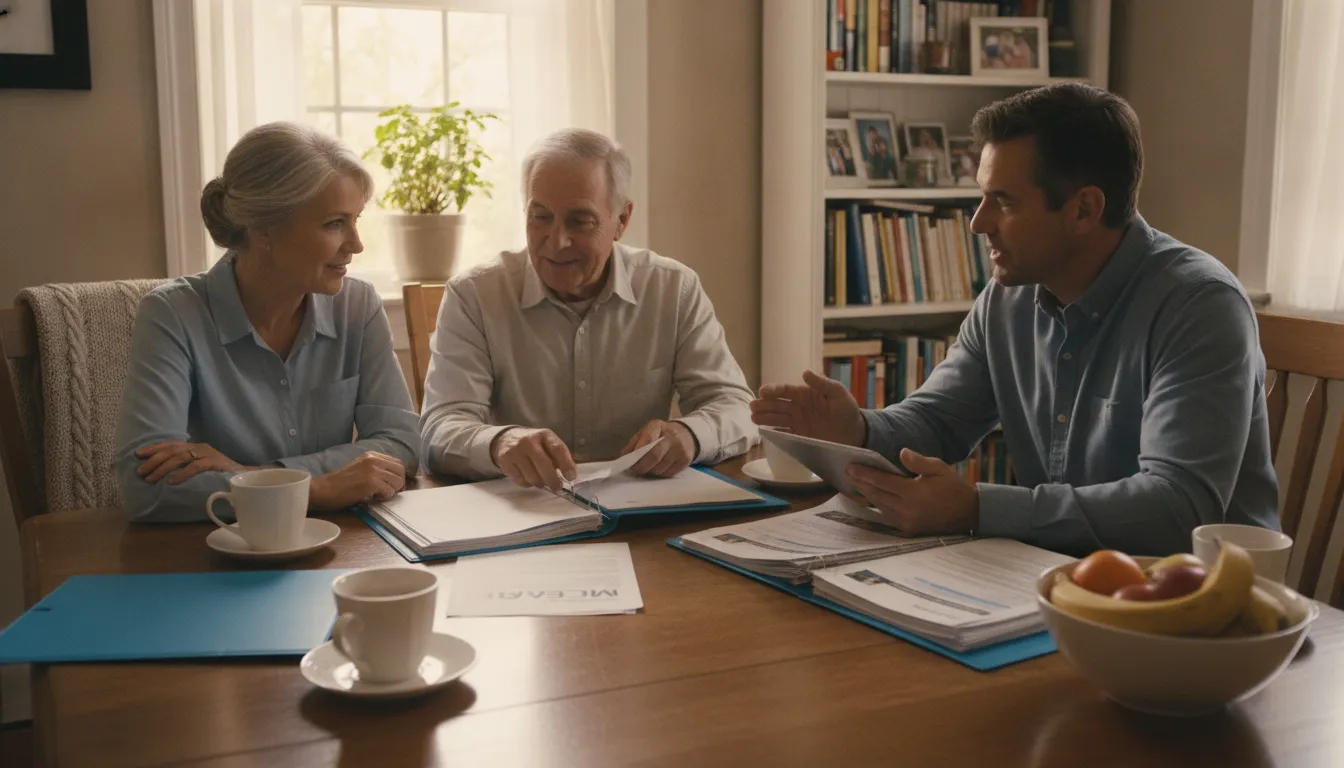 Adult children helping elderly parents review Medicare documents together at home