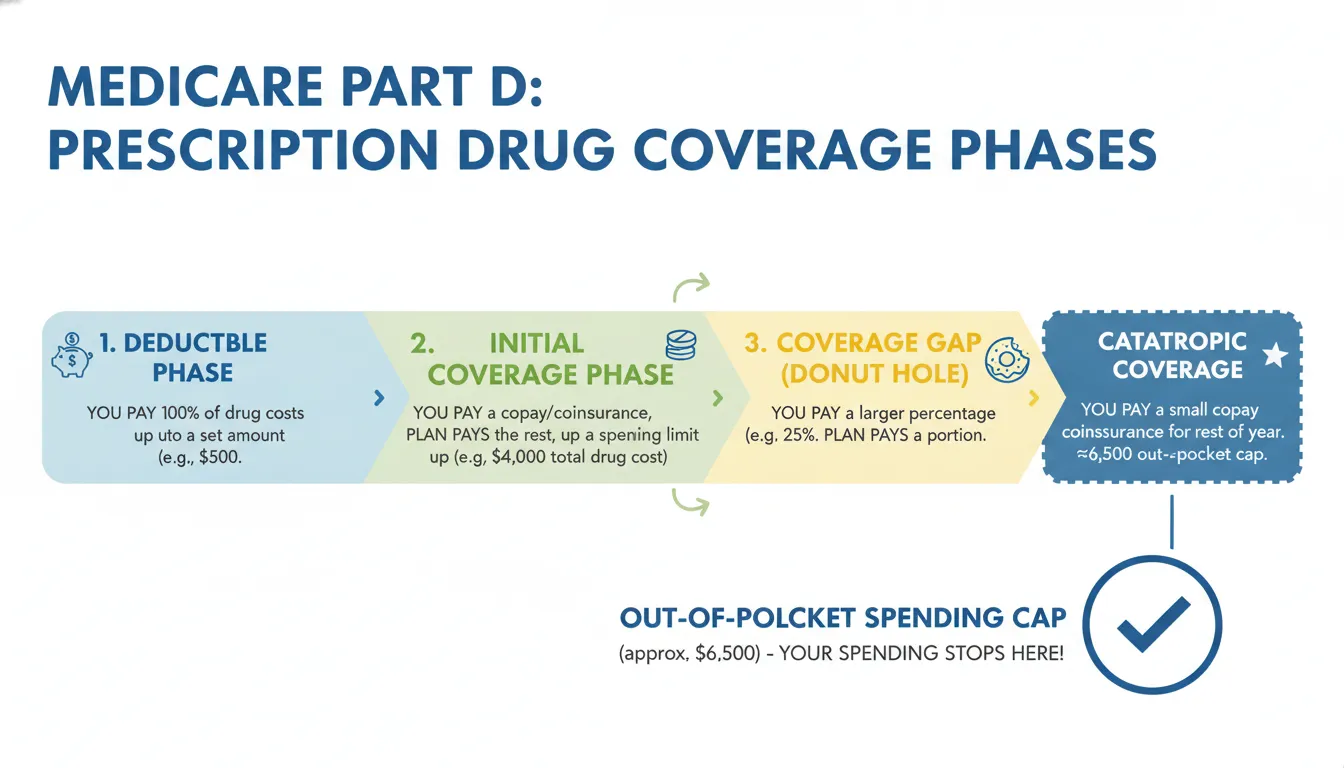 Medicare Part D coverage phases showing the deductible, initial coverage, and 2026 out-of-pocket cap