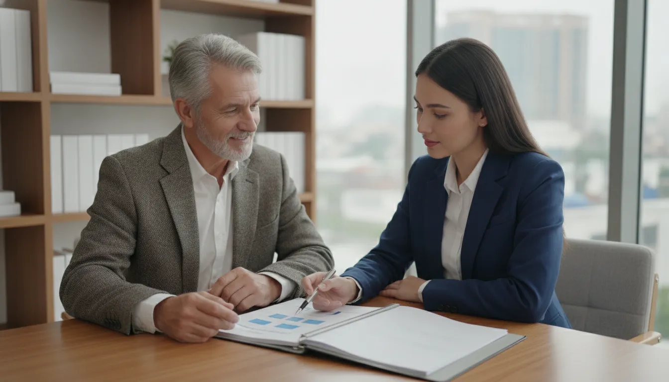 Senior man discussing Medicare plan options with an advisor in a professional office