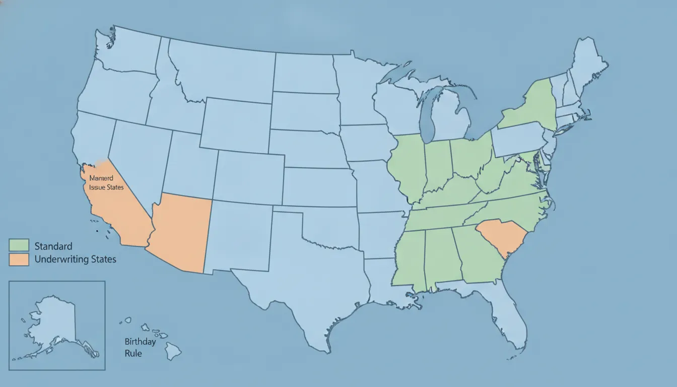 Illustrated map of the United States showing different Medicare protection types by state including guaranteed issue, birthday rule, and standard states