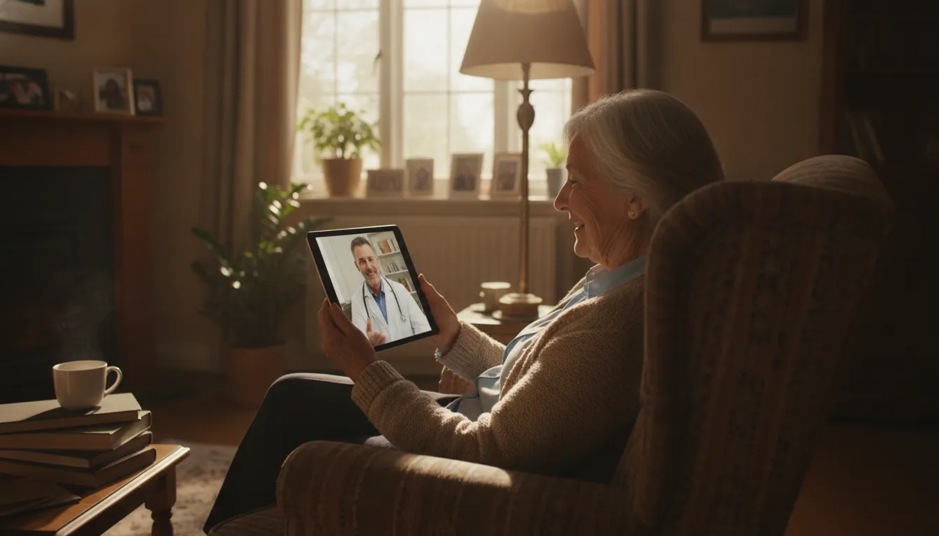Senior woman having a telehealth video call with a doctor on a tablet in her living room