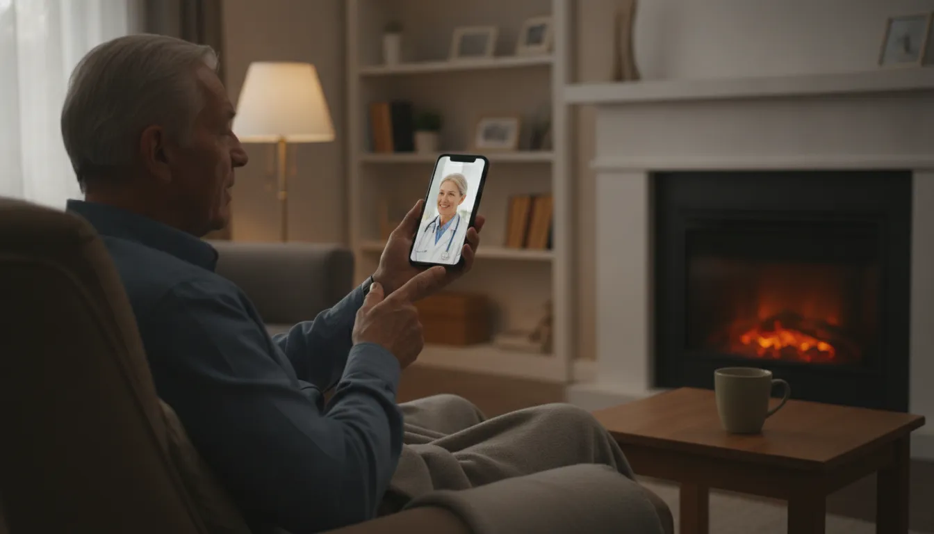 Senior man talking to a doctor on a smartphone for a telehealth appointment at home