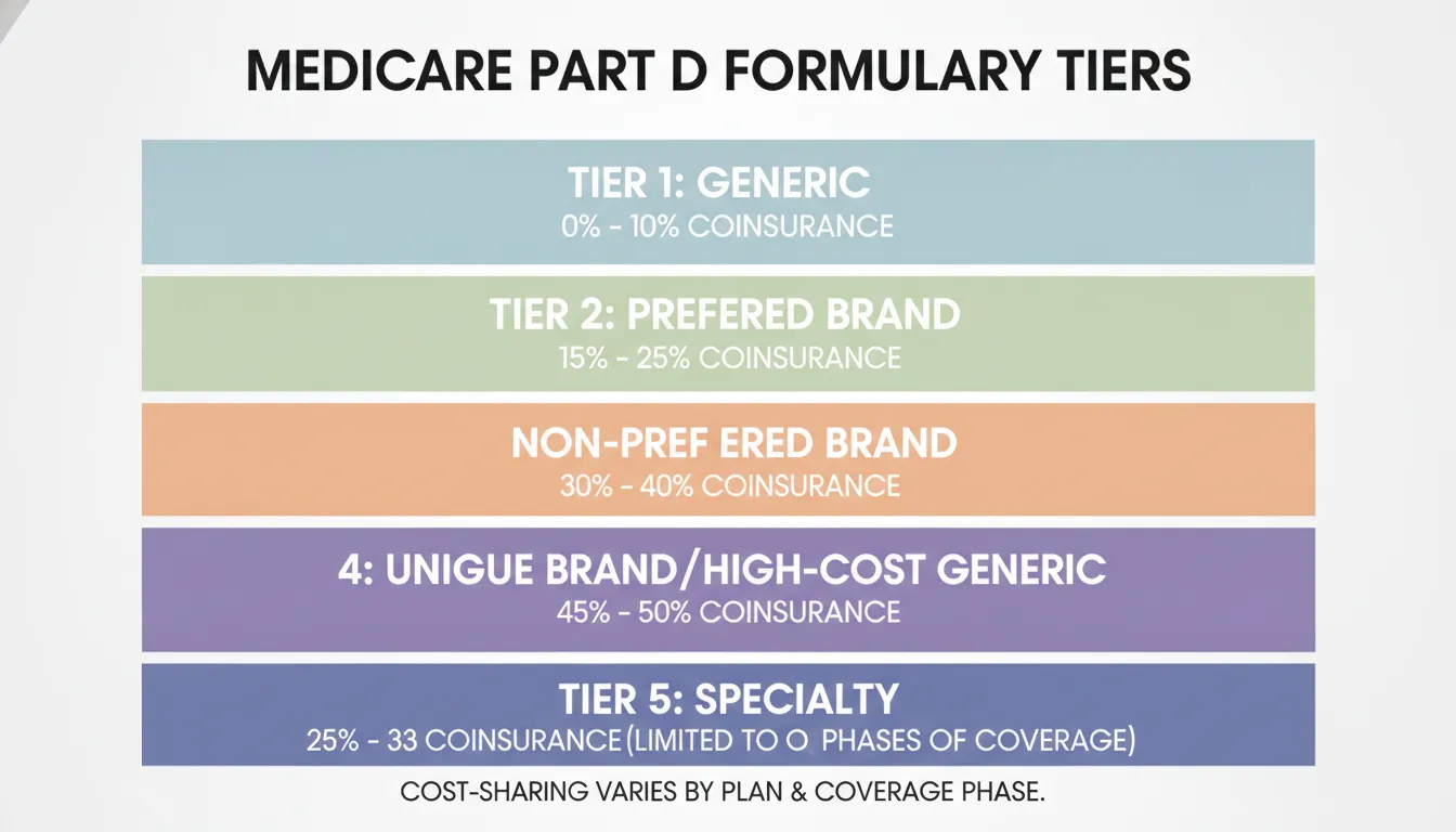 Medicare Part D formulary tiers from preferred generic drugs to specialty medications