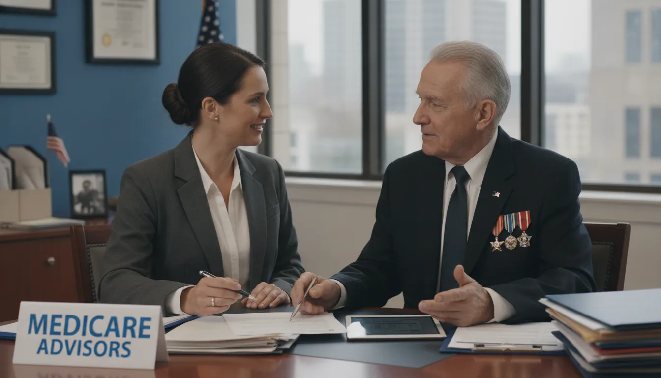 Senior military veteran and Medicare advisor reviewing VA benefits paperwork together at a desk