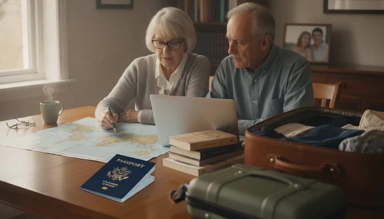 Older travelers preparing documents before international travel