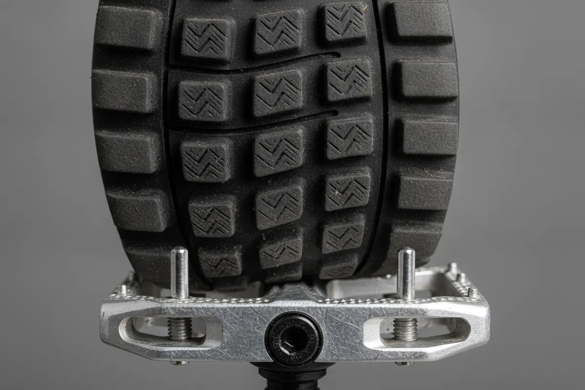 Close view of a mountain bike shoe outsole meeting the pins of a flat pedal