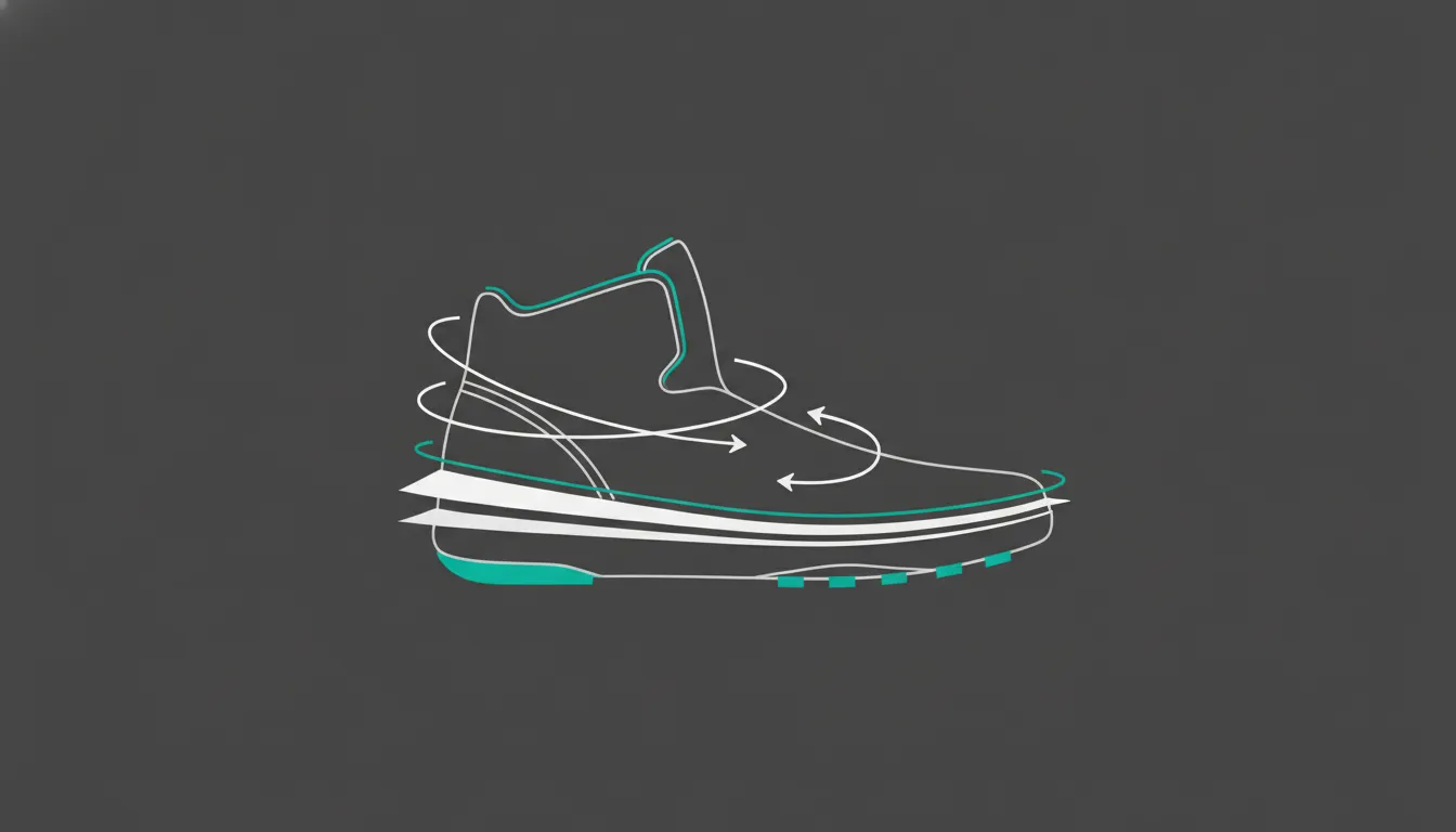 Conceptual diagram showing how collar coverage, platform width, outsole contact, and torsional feel interact in a mid-cut court shoe.