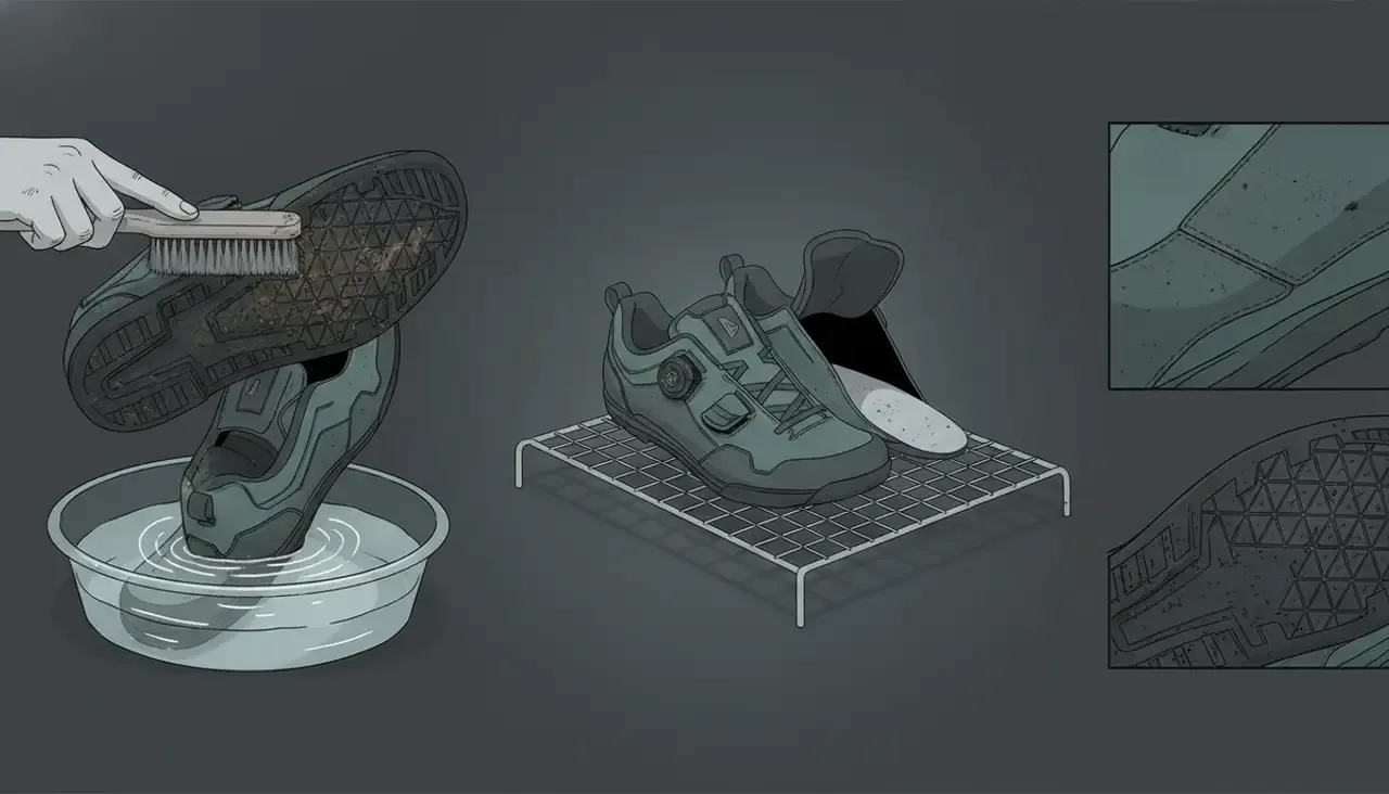 Maintenance infographic showing brushing, rinsing, seam inspection, and air-drying for mountain bike shoes