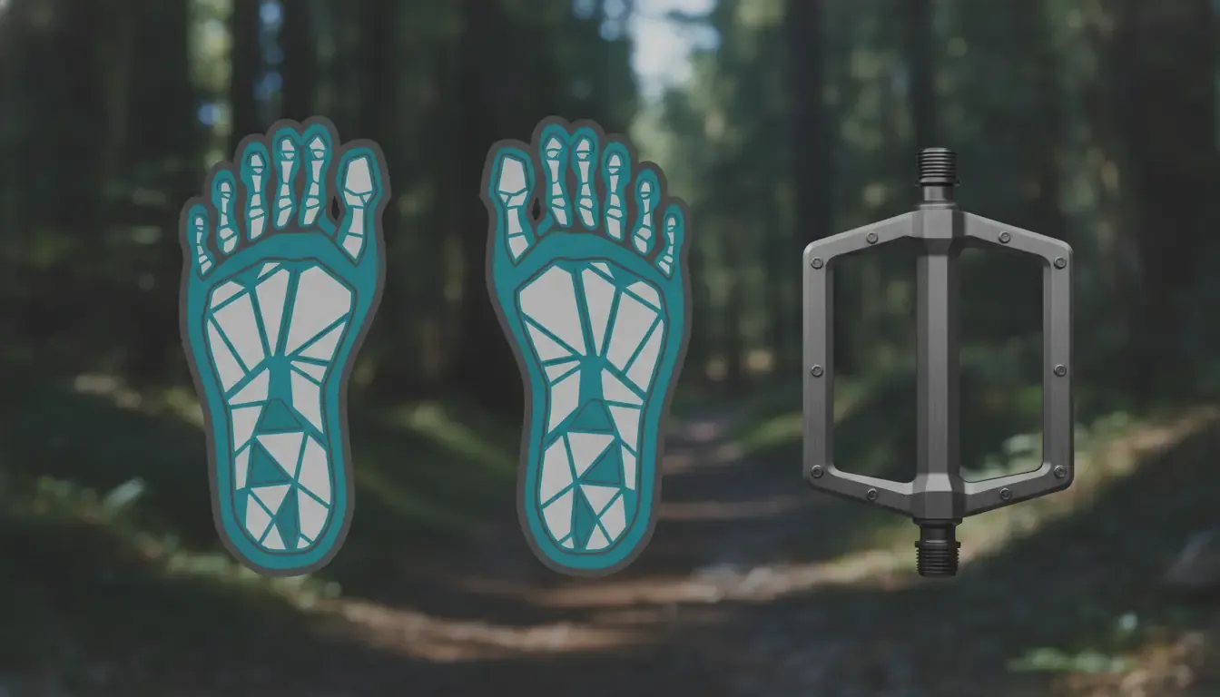 Technical fit comparison of standard and wide MTB shoe forefoot volume beside a flat pedal