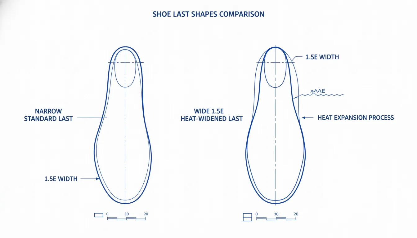 Cross-section diagram comparing a narrow standard shoe last against a heat-widened 2.5E last showing the additional toe splay and midfoot volume