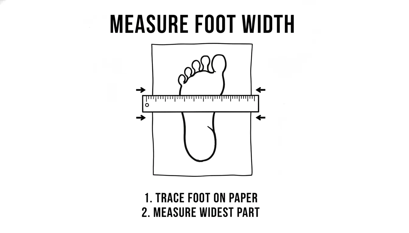 Instructional diagram showing how to trace your foot on paper and measure the widest point for MTB shoe sizing