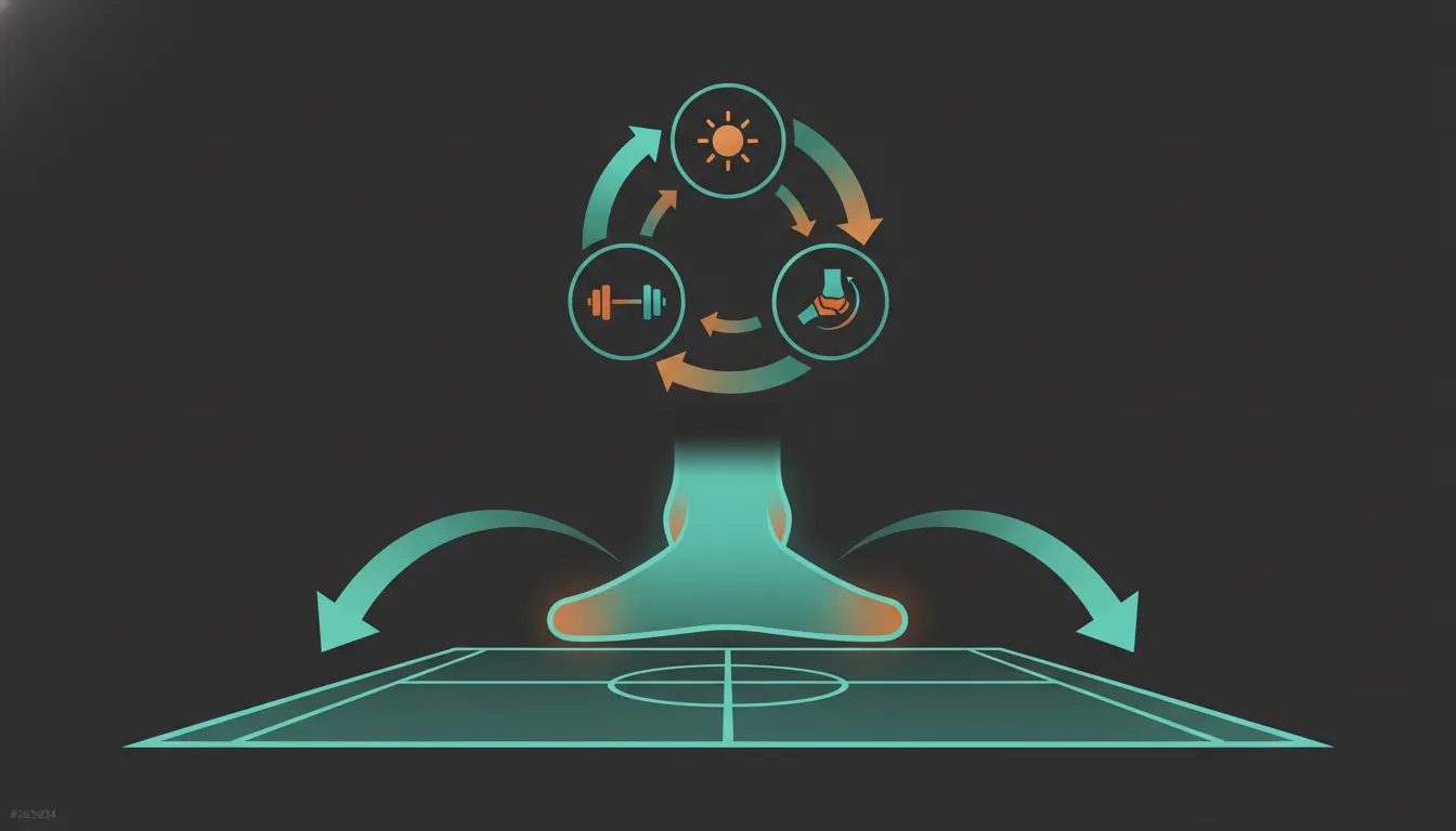 Conceptual diagram showing lateral force, shoe mass, heat, and ankle movement as connected court-shoe tradeoffs.