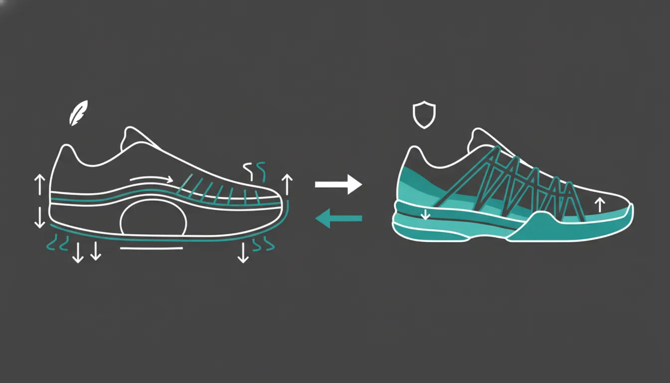 Technical infographic showing the balance between low mass, cushioning, lateral stability, and torsional control in lightweight pickleball shoes