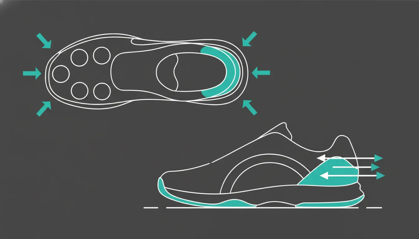 Technical infographic showing wide toe box room, secure heel hold, and lateral force during a pickleball cut