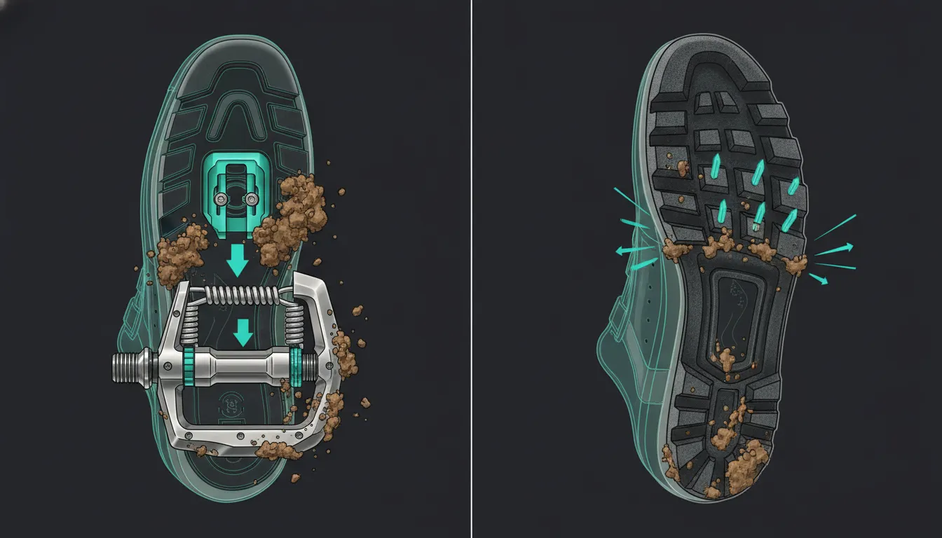Technical comparison of muddy clipless cleat engagement and flat pedal pin contact