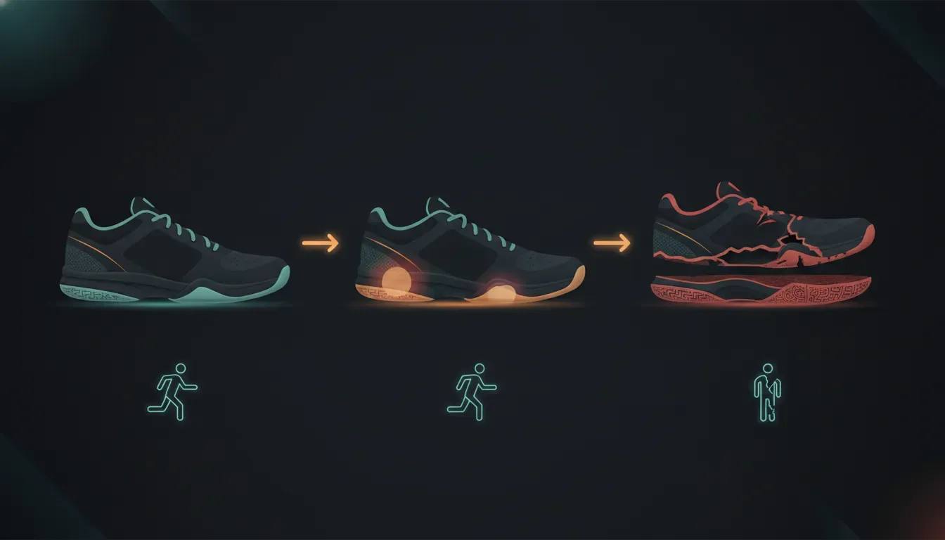 Outdoor pickleball shoe wear progression from surface scuffing to outsole separation