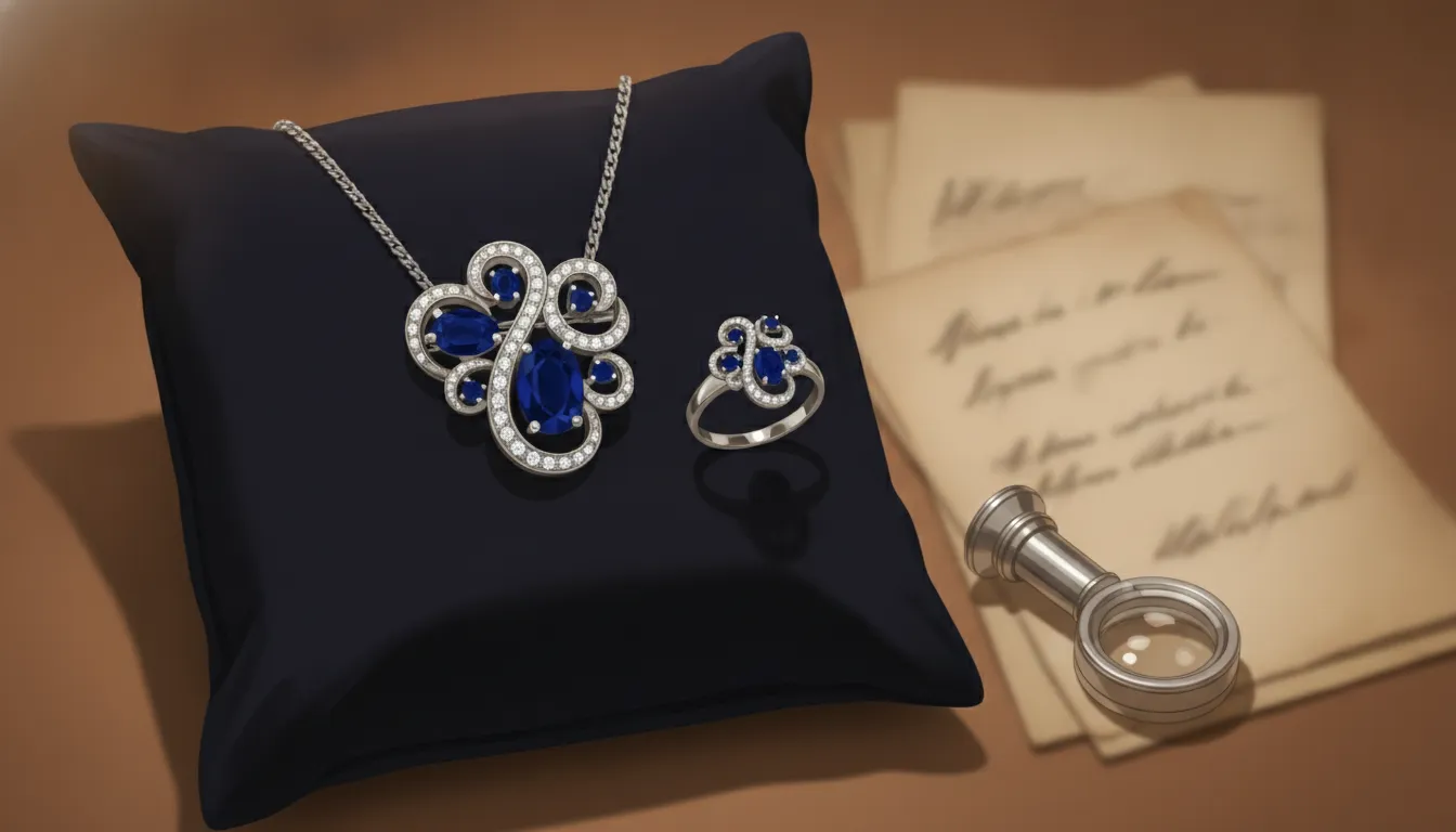 Antique jewelry arranged for professional appraisal with a loupe