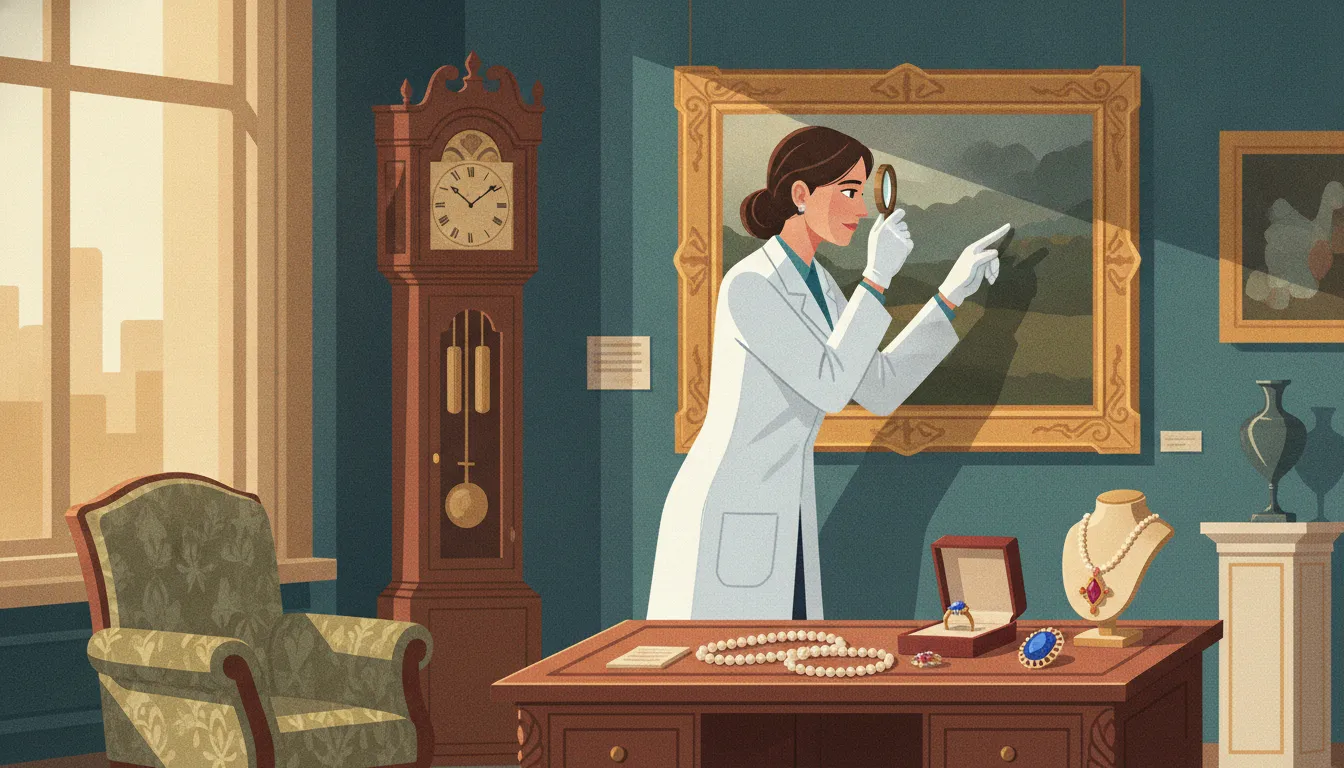 Specialist examining art, antiques, jewelry, and furniture for an appraisal