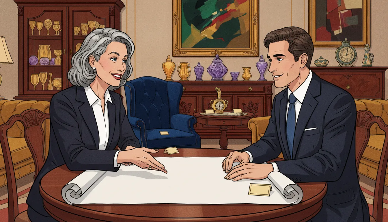 Estate sale manager and executor reviewing a sale plan in a room staged with antiques and art