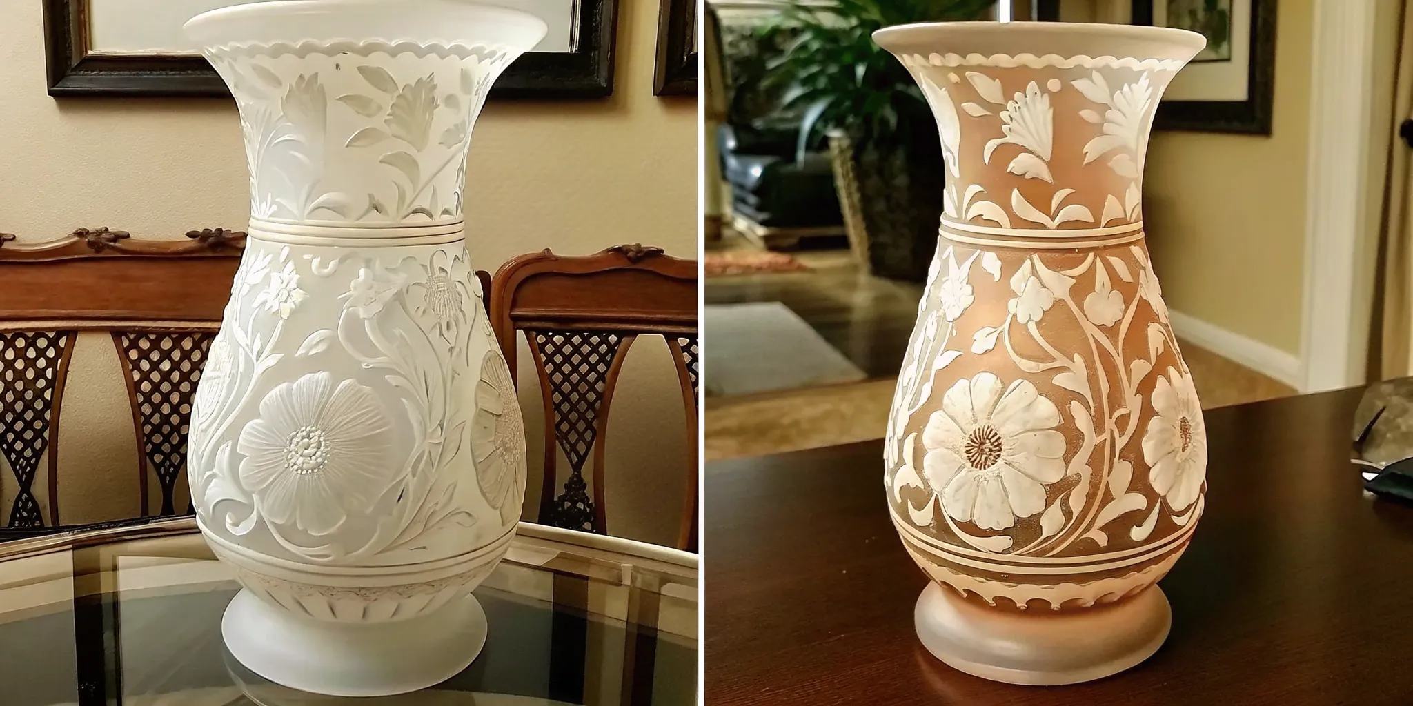 Comparison of authentic antique cameo glass vase next to pressed glass piece showing differences in layer depth