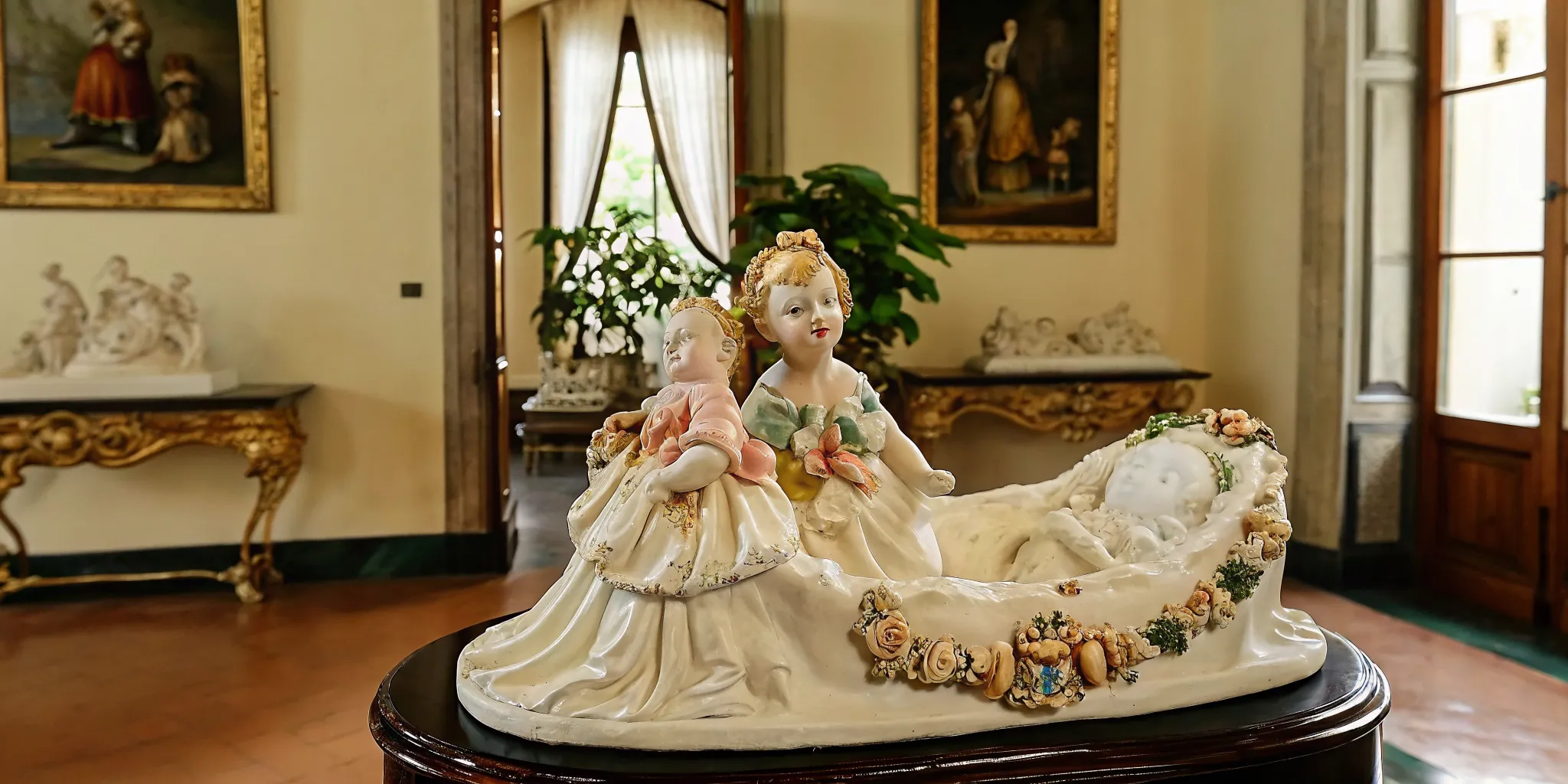 Antique Capodimonte porcelain figurine with ornate floral detail on display