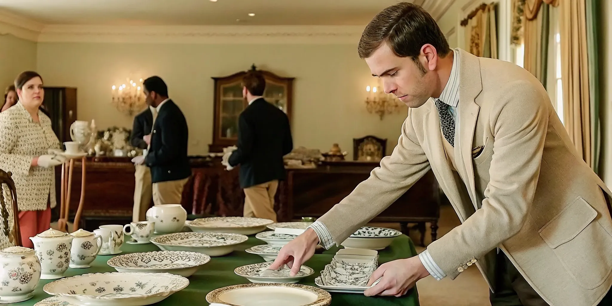 Professional appraiser examining a fine china dinnerware set laid out on a felt-covered table