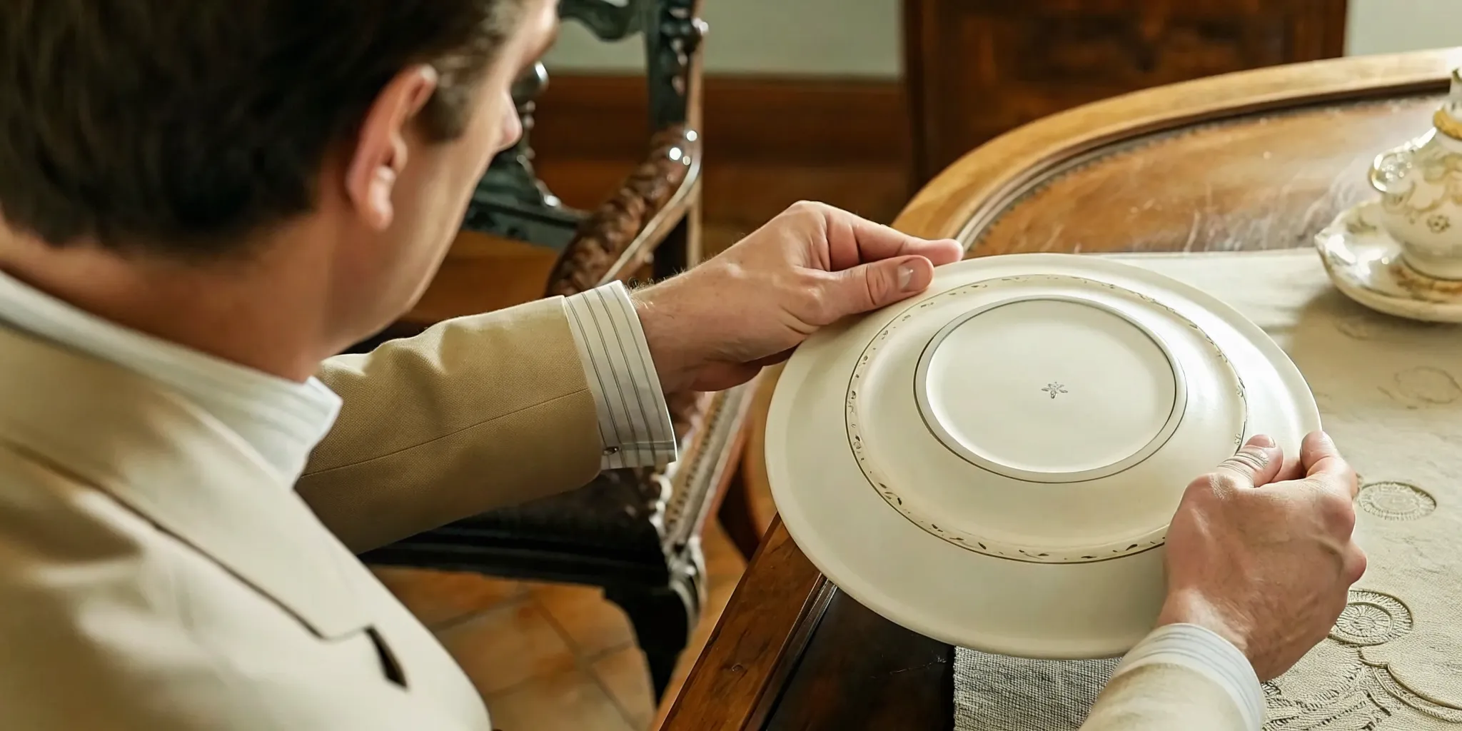 Close-up of a hand examining the backstamp on the underside of a porcelain dinner plate