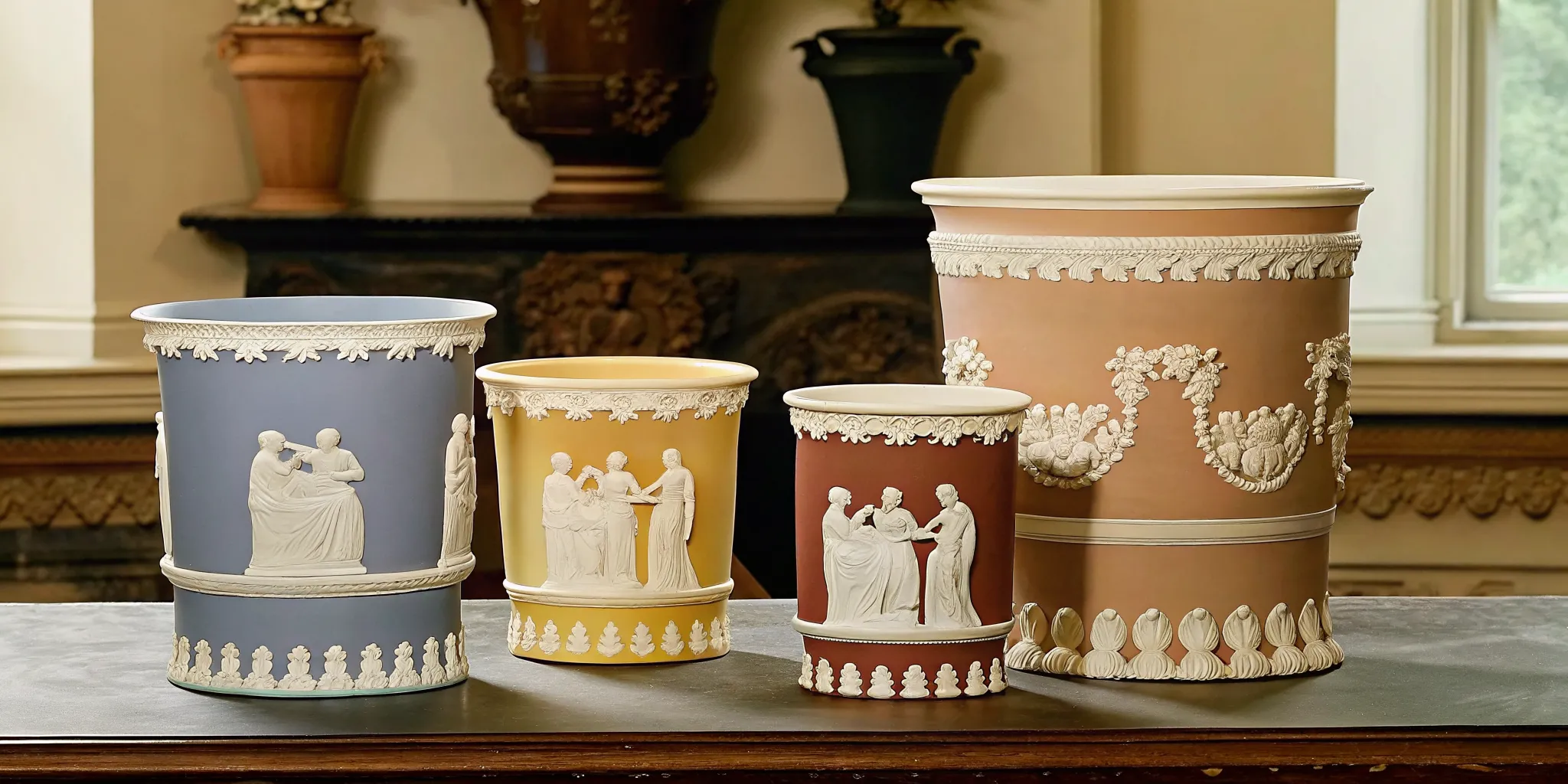 Collection of rare Wedgwood Jasperware in lilac, yellow, and crimson dip alongside classic blue showing color variety