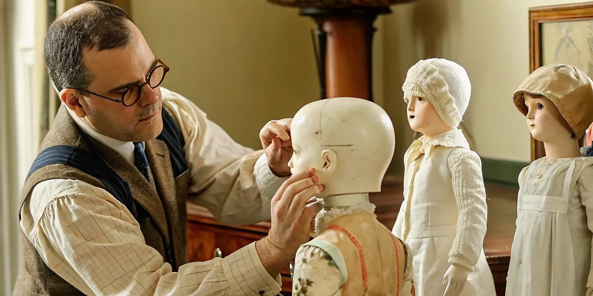 Appraiser examining maker marks on an antique bisque doll