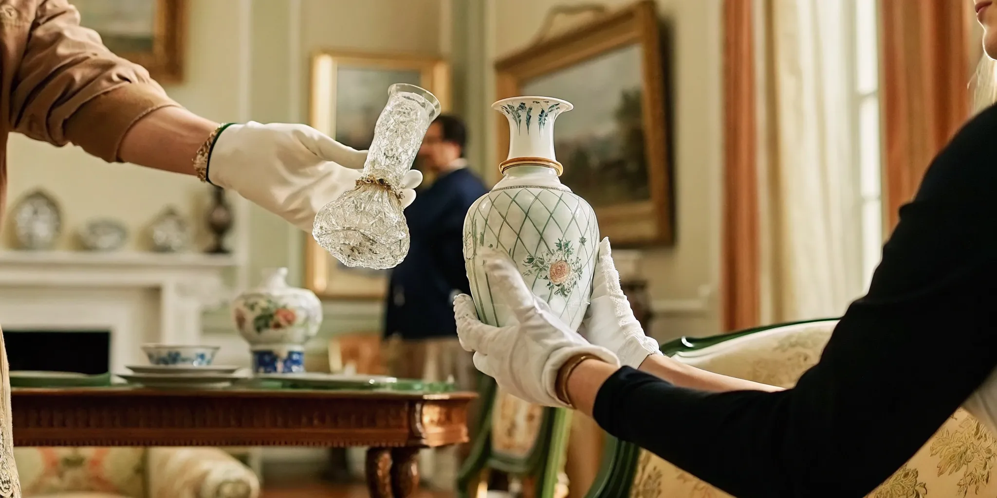 Collector inspecting a porcelain vase and crystal piece closely during an auction preview
