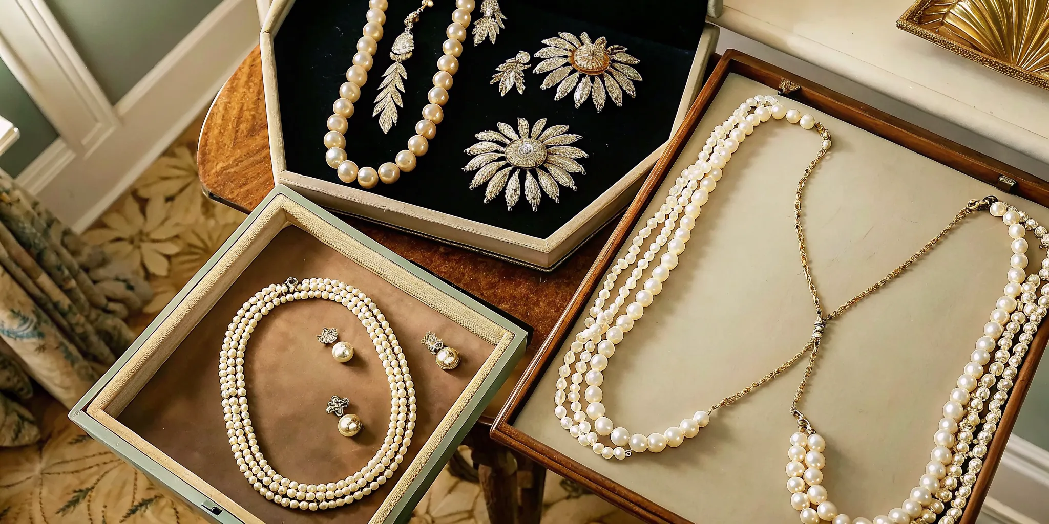 Elegant vintage costume jewelry collection featuring Trifari pins, Miriam Haskell beaded necklaces, and rhinestone brooches on display