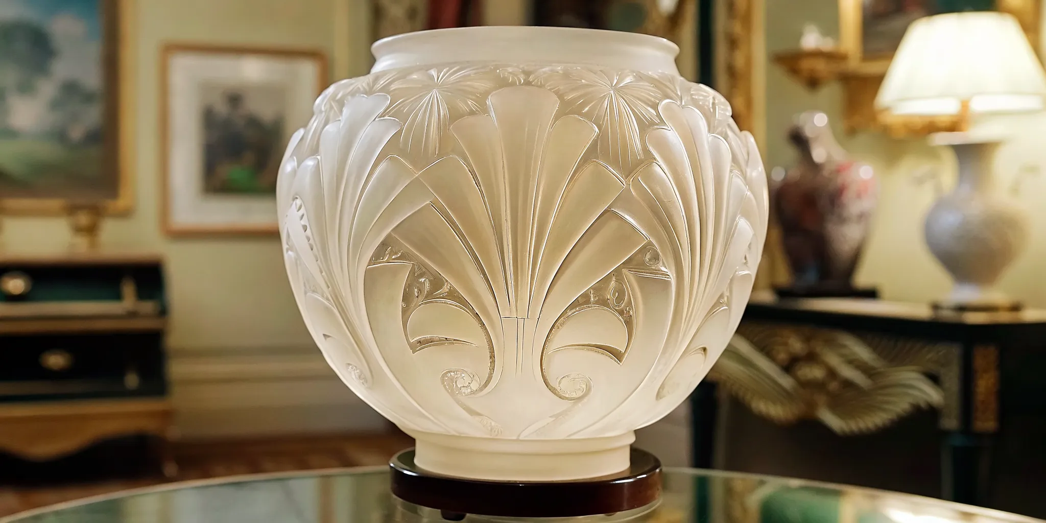 Close-up of a frosted Lalique crystal vase showing Art Deco nature motifs and signature satin finish