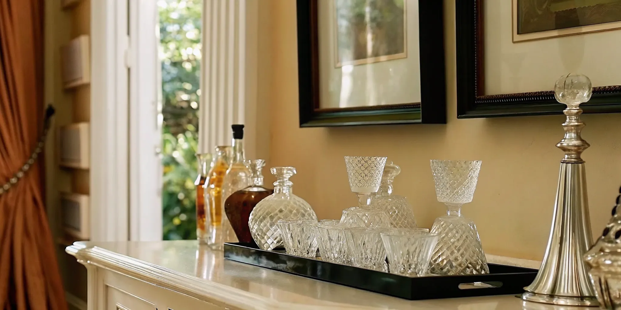 Elegant Lalique perfume bottles and glassware collection displayed on a white shelf for estate sale