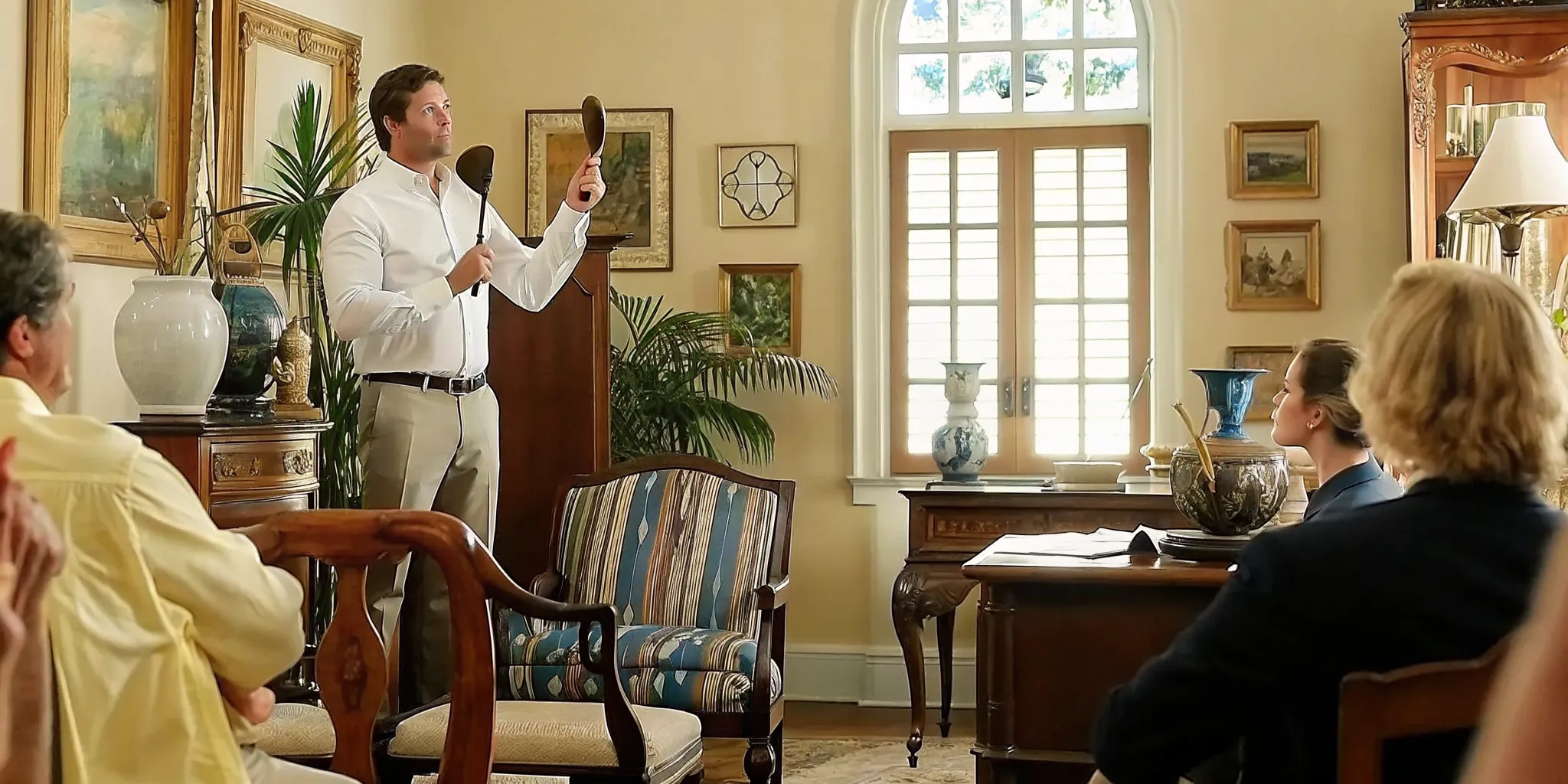 Auctioneer with a gavel at a live estate auction in Florida as bidders raise paddles in the showroom