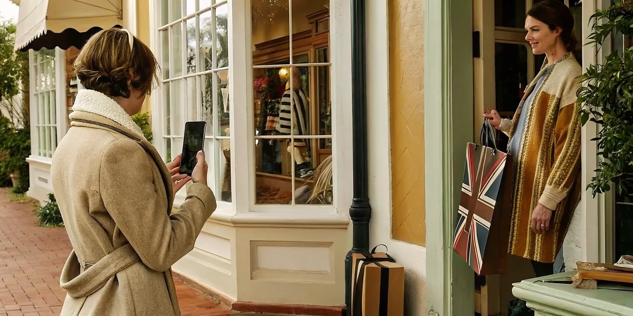 Shopper browsing estate sale listings on a phone in a bright South Florida neighborhood