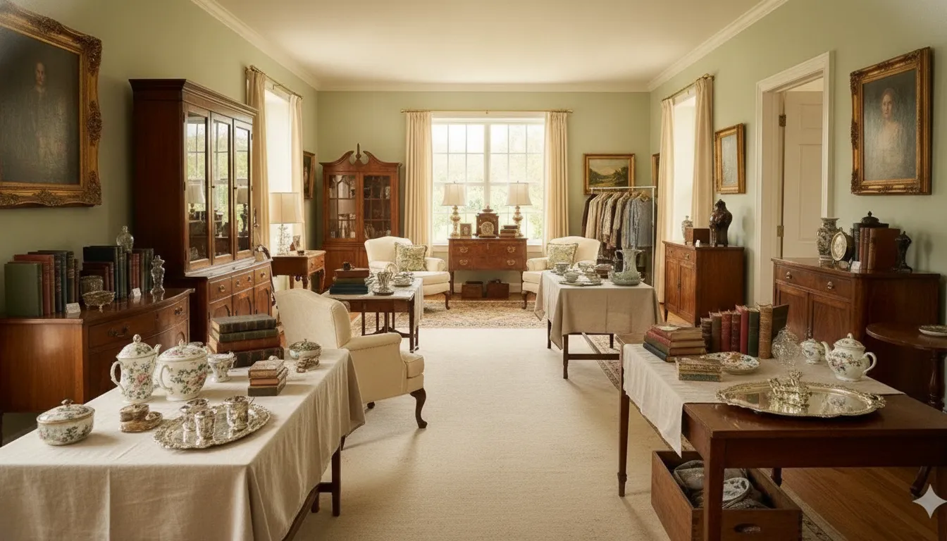 A professionally staged estate sale room with antique furniture and household items arranged for shoppers to browse