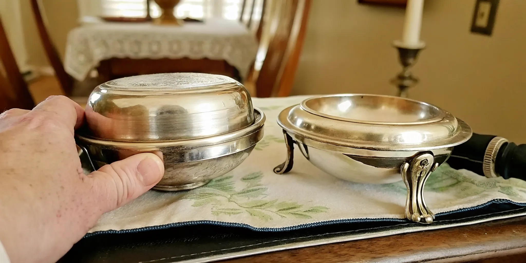 Side-by-side comparison of sterling silver .925 stamp and silver plate EPNS mark on vintage silver items