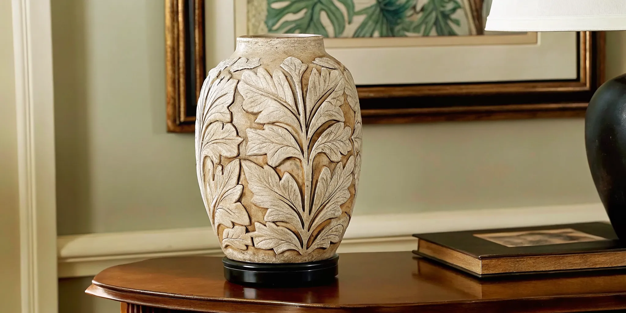Small Antique Victorian Martin Brothers salt-glazed stoneware vase with incised organic leaf details and earth-tone finish