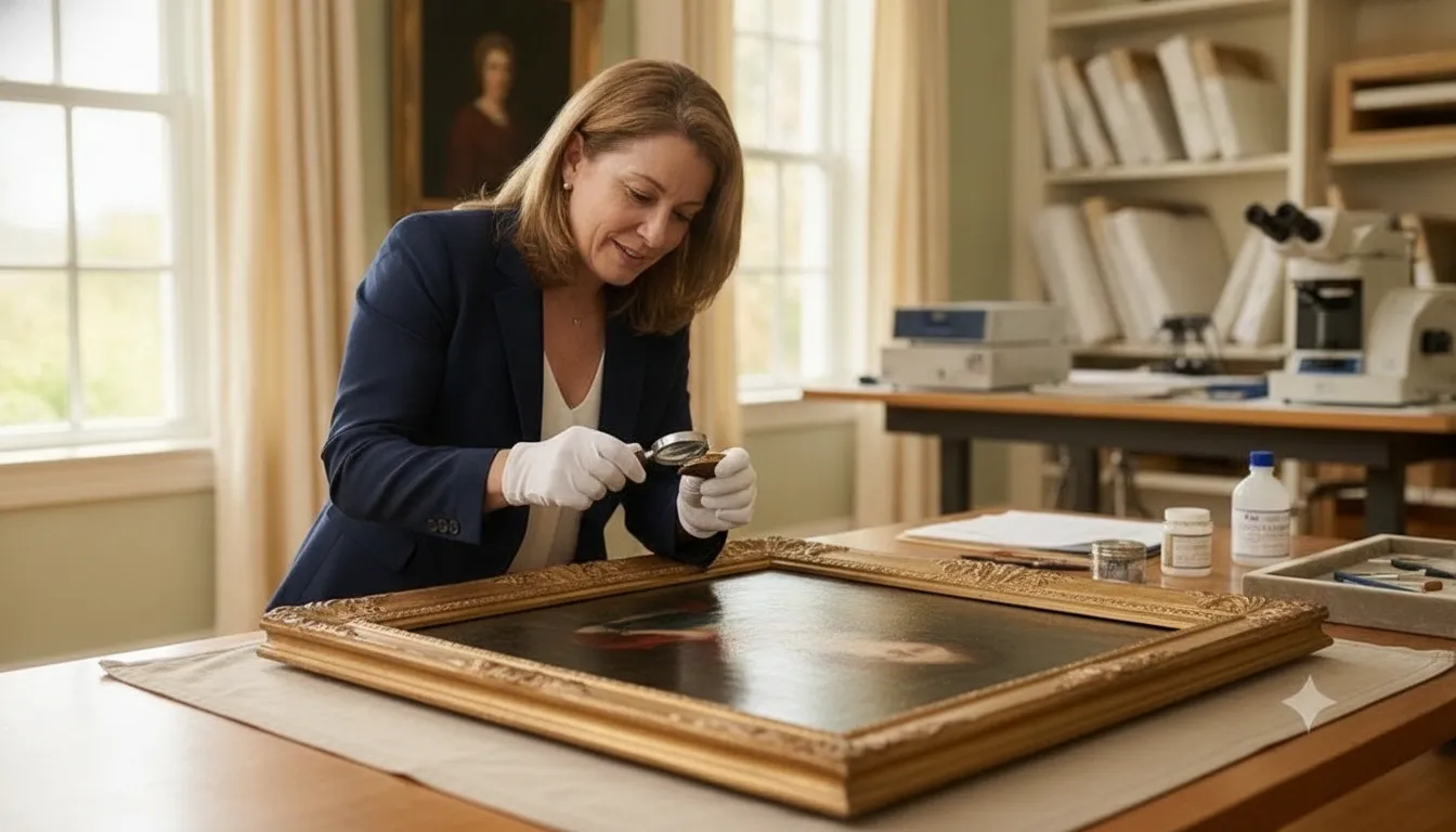 Art appraiser handling an oil painting with cotton gloves in a conservation studio to assess its condition for a fine art appraisal