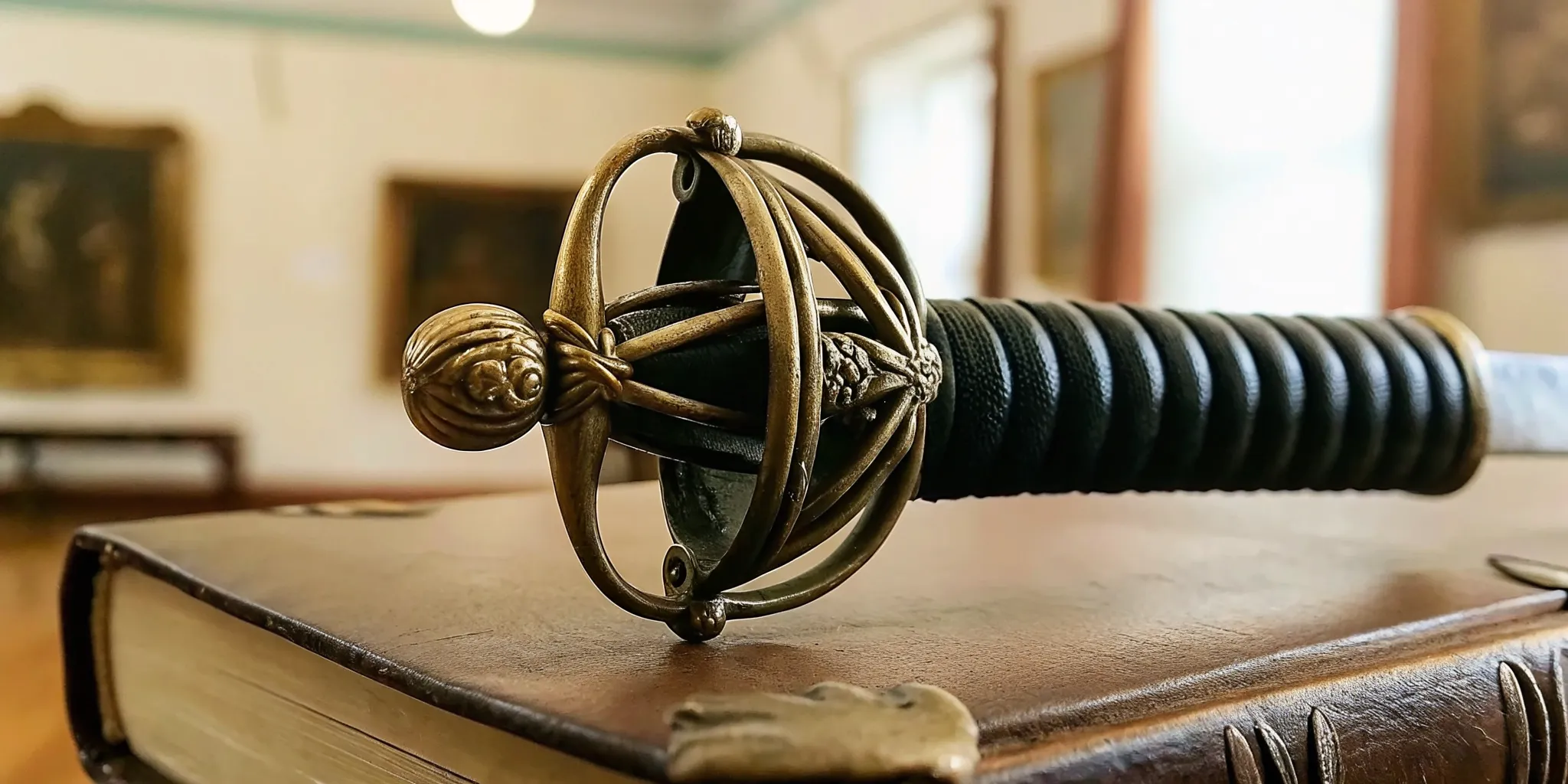 Intricate brass guard and wire-wrapped handle of a 19th-century military officer sword