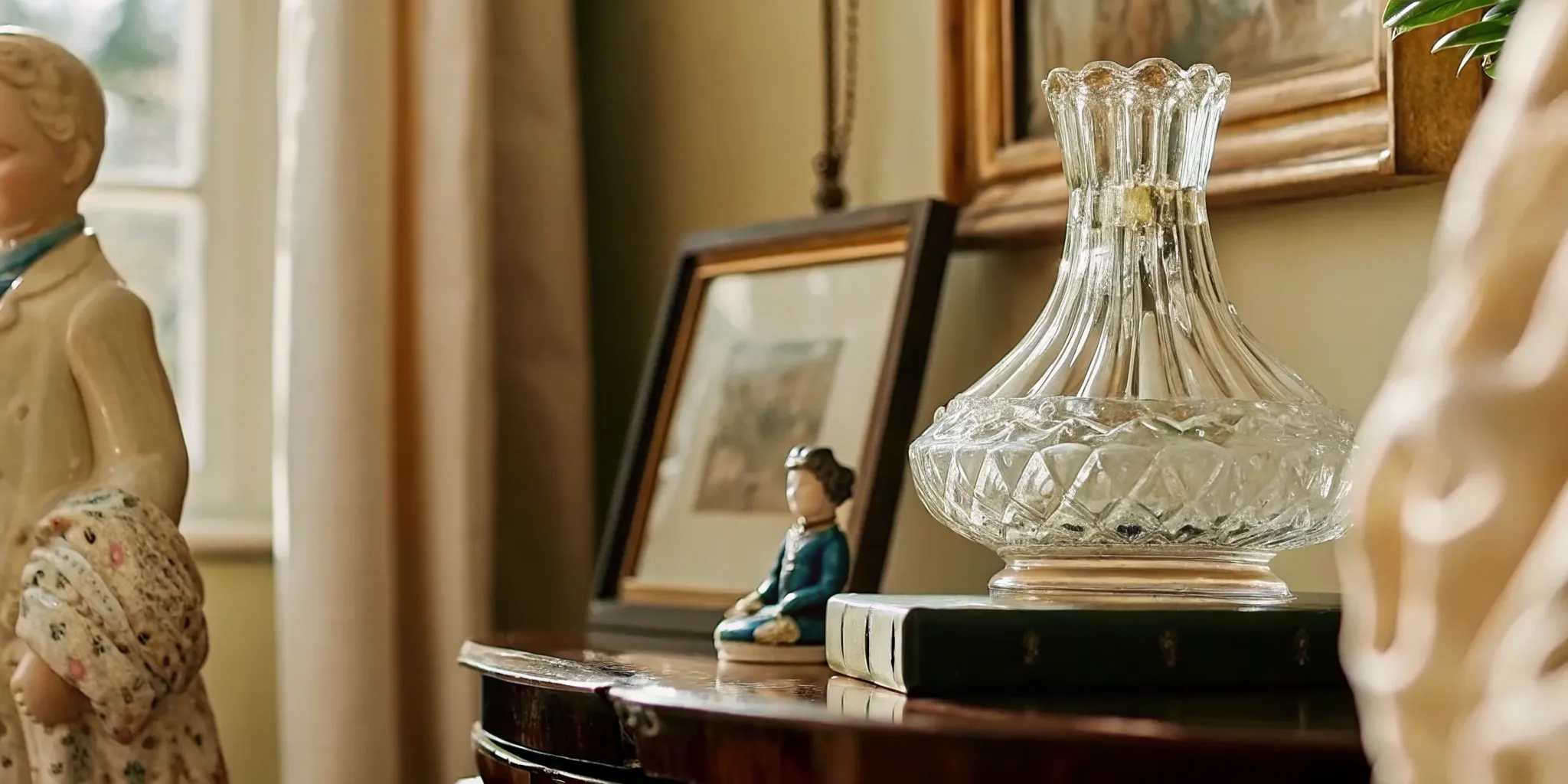 Antique porcelain figurine and crystal vase on a side table at an estate sale