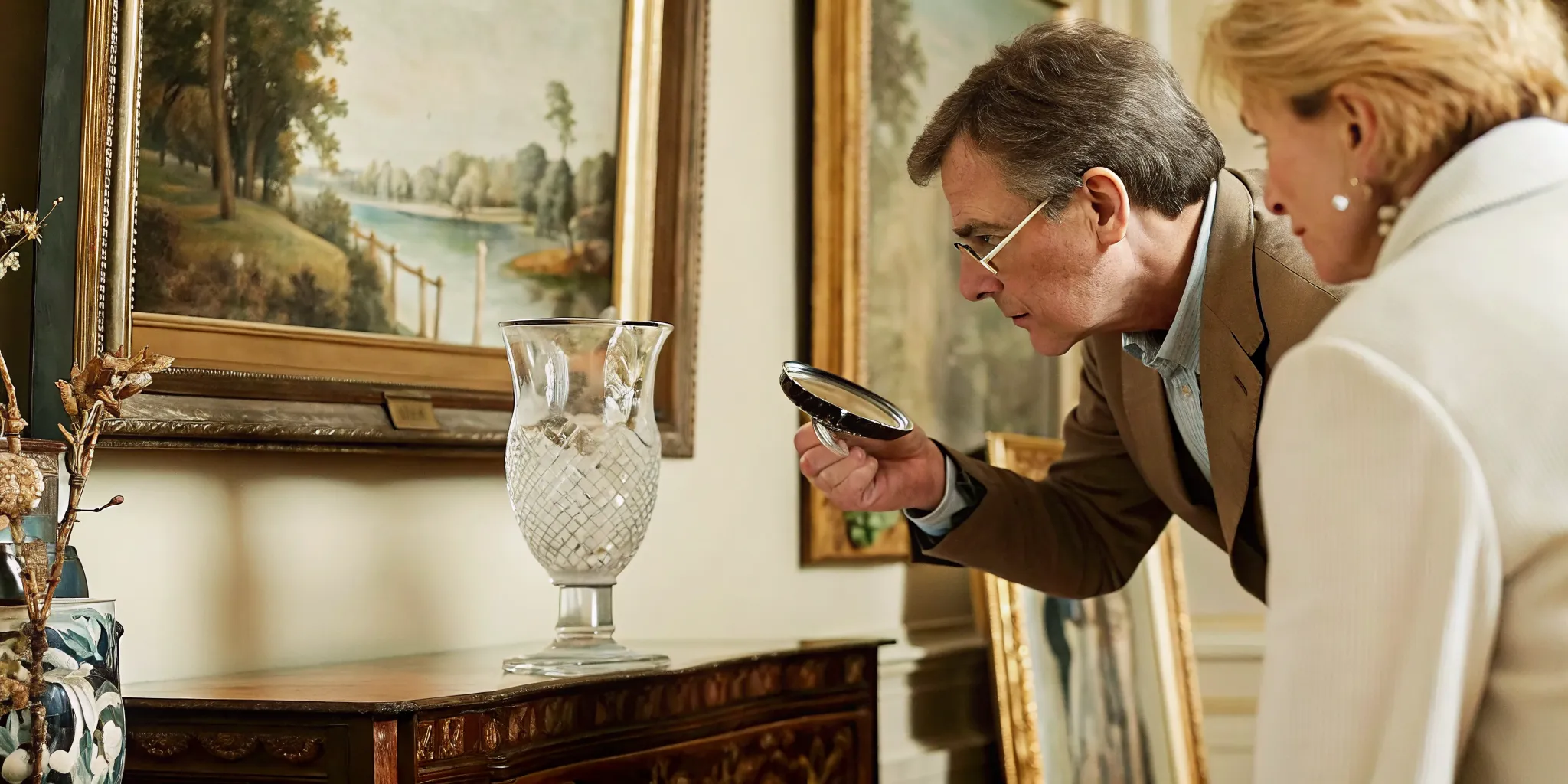 Collector examining an Orrefors glass signature and date code
