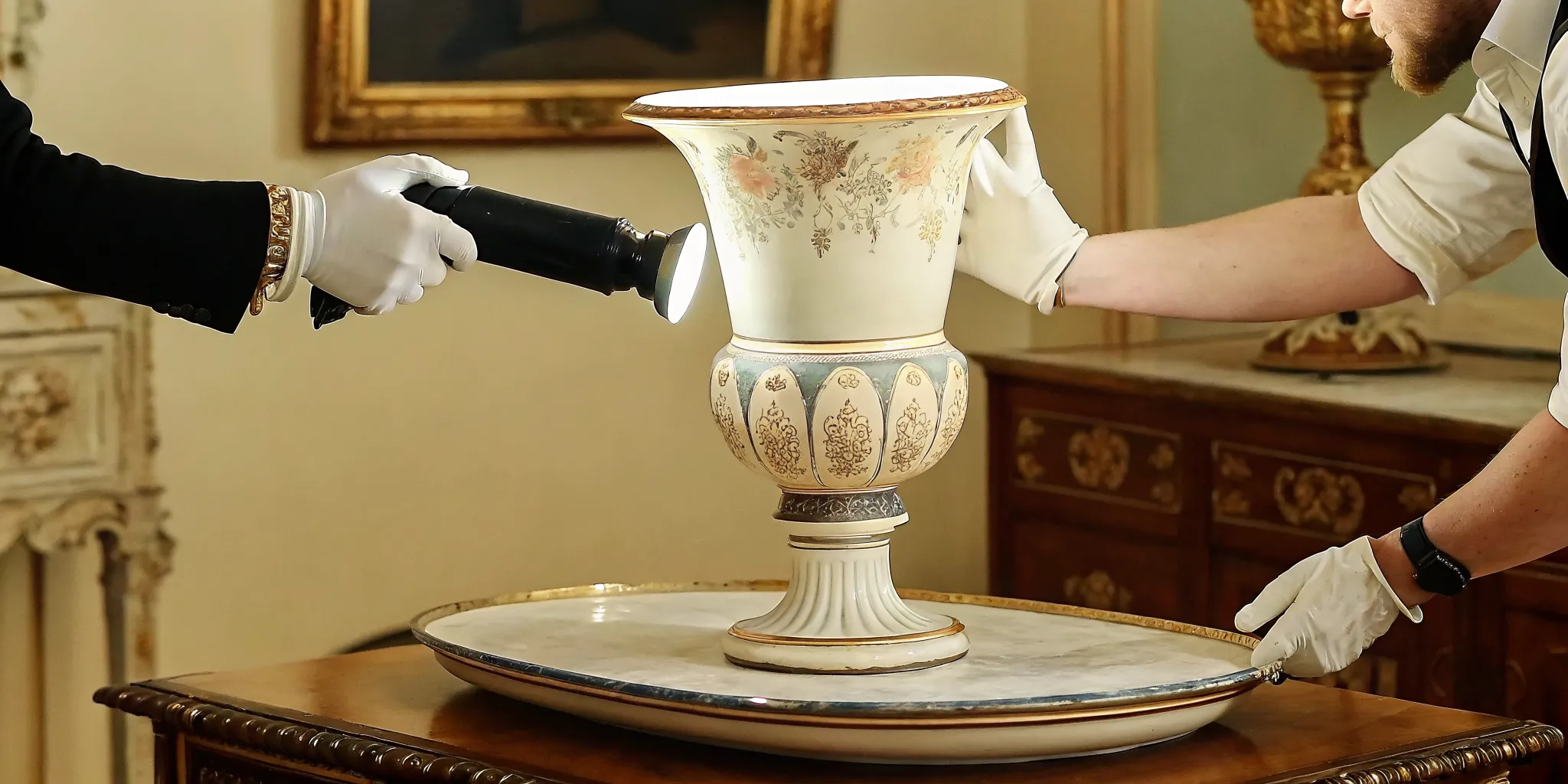 Specialist checking vintage Rosenthal porcelain for chips cracks and repairs