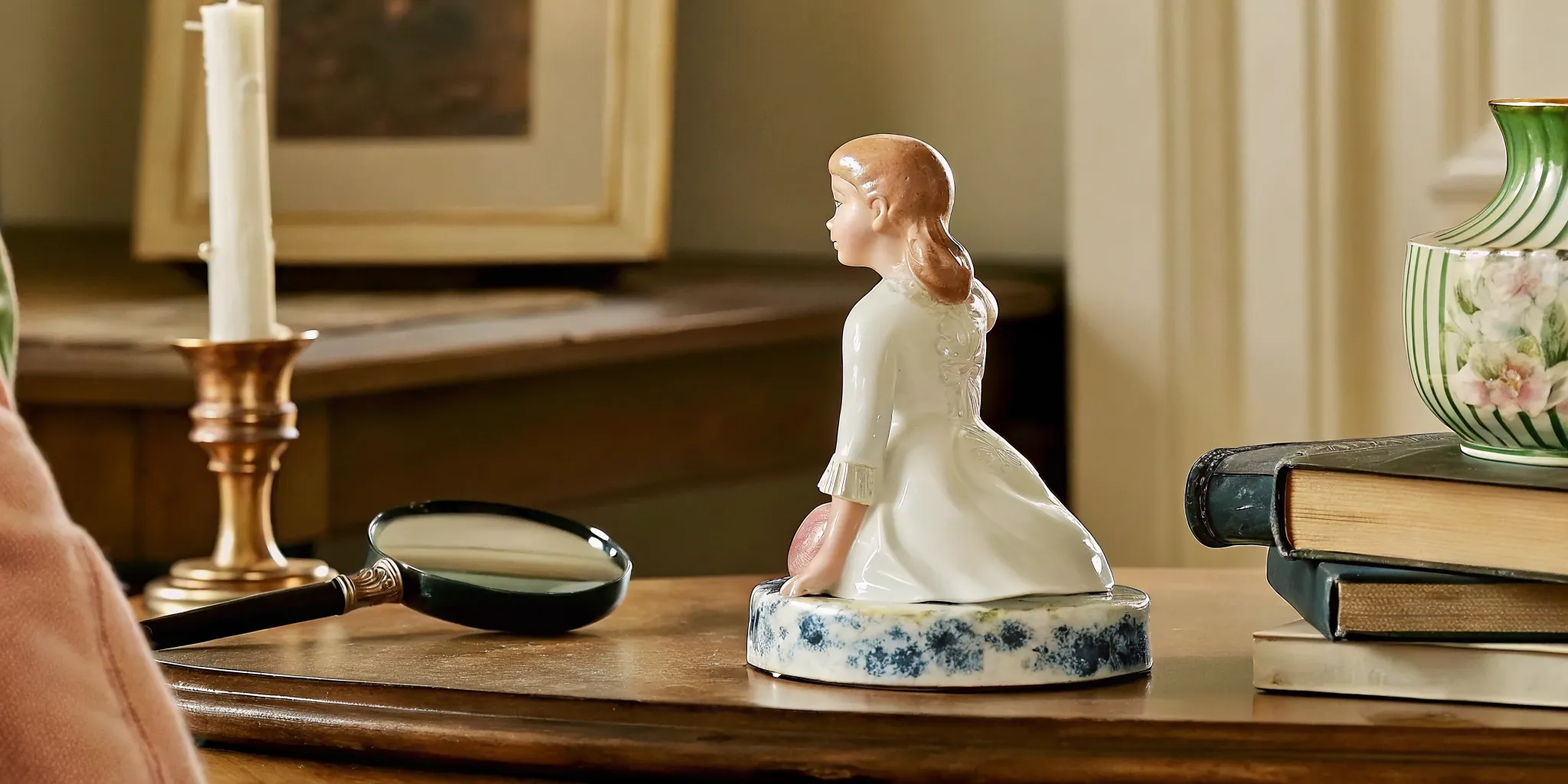 Inspecting a Royal Copenhagen figurine backstamp with a magnifying glass
