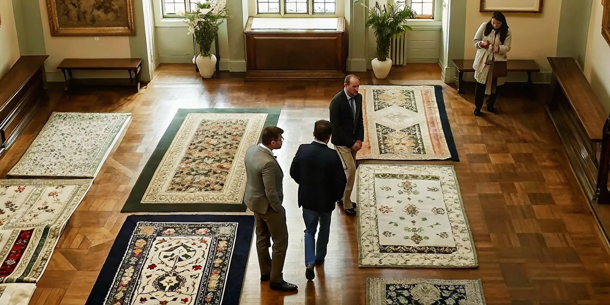 Persian, Turkish, Chinese, and Caucasian Oriental rugs displayed for comparison
